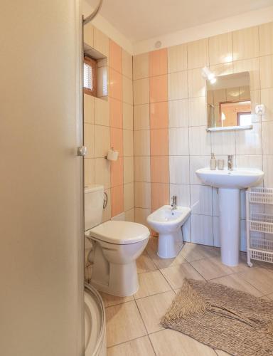 a bathroom with a toilet and a sink at Mandala Domki in Bobolin
