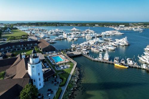 an aerial view of a marina with boats in the water at Montauk Yacht Club in Montauk