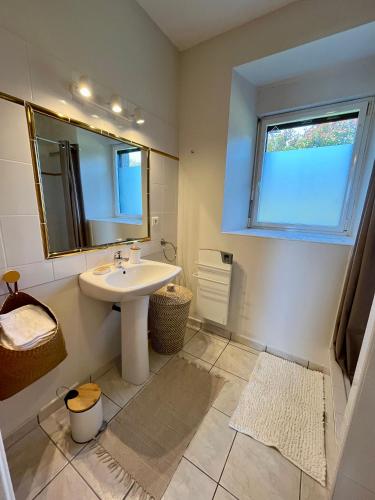 une salle de bain avec un lavabo et un miroir dans l'établissement La Pouardais, à Trégon