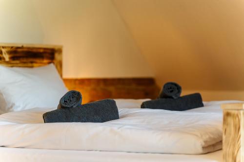 two beds in a room with black towels on them at Chez Julie in Sparsbach