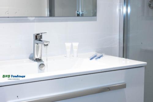 a white bathroom with a sink and a shower at BNB TOULOUSE - Le Gaston douillet - Clim - WiFi - Plein centre in Tournefeuille