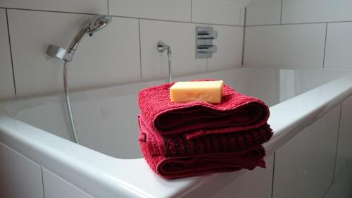 a towel with a block of cheese on top of a bath tub at Messe Homestay Hannover Ost in Sehnde
