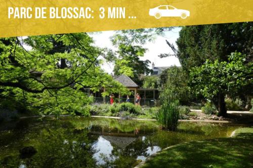 a picture of a pond in a garden with a car at Grands Studios Maillochon accès Gare de Poitiers et Centre ville à Pieds in Poitiers