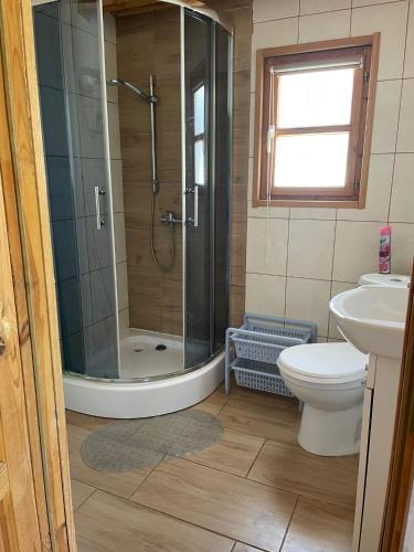 a bathroom with a shower and a toilet and a sink at Domki letniskowe ROSSA in Jarosławiec