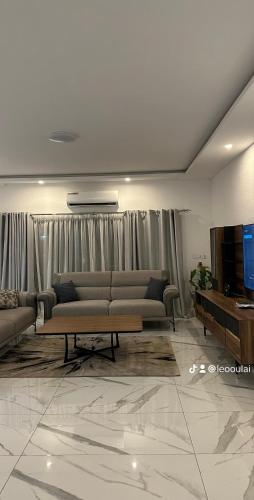 a living room with two couches and a television at Residence Roume Abidjan Plateau in Abidjan