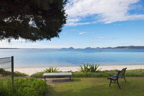 a bench sitting on the grass near the beach at Fore Dek 4 in Soldiers Point