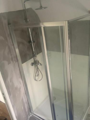 une douche avec une porte en verre et un plafond dans l'établissement Pierre meulières, à Colombes