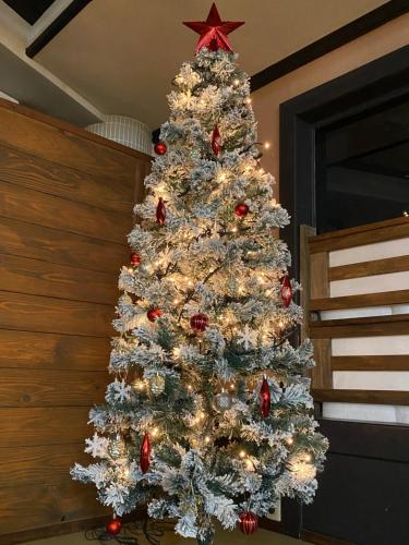 a christmas tree with lights and ornaments on it at Madarao Lainstons in Iiyama