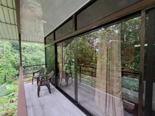 une maison de verre dans les bois avec un banc sur le balcon dans l'établissement La Amapola Lodge, Bungalow en Península de Osa., à Barrigones