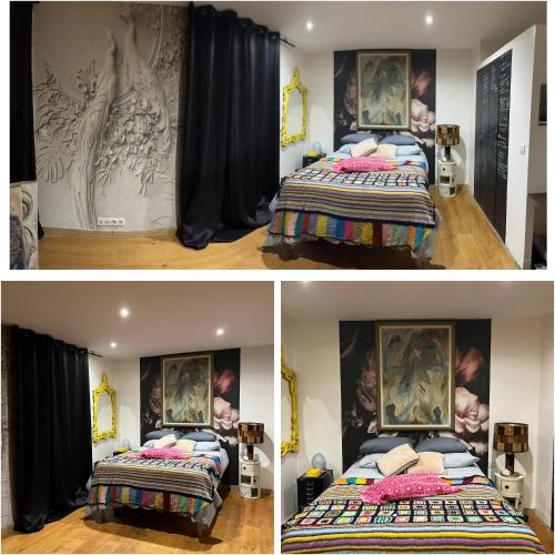 une chambre avec deux lits et un tableau au mur dans l'établissement Appartement mini loft 54m2- 200m STADE VELODROME-trés proche PALAIS DES SPORTS et PLAGES du Prado, à Marseille
