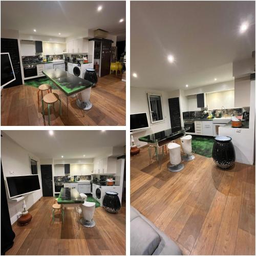 trois vues différentes sur une cuisine et un salon dans l'établissement Appartement mini loft 54m2- 200m STADE VELODROME-trés proche PALAIS DES SPORTS et PLAGES du Prado, à Marseille