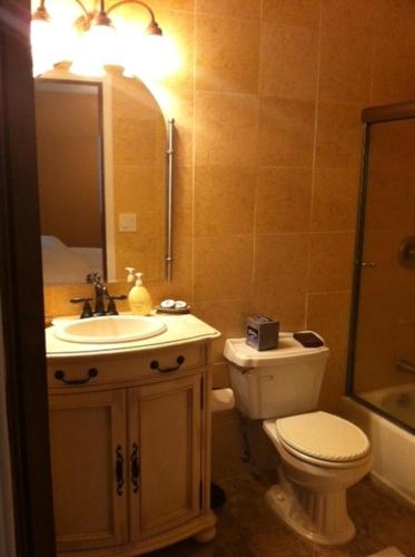 a bathroom with a sink and a toilet and a mirror at Spanish Villa Inn in St. Helena