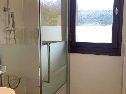 La salle de bains est pourvue d'une douche en verre et d'une fenêtre. dans l'établissement Confortable T2 avec coin nuit pour 4 au Grand-Bornand - FR-1-458-203, au Grand-Bornand