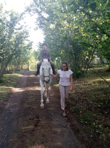 a woman leading a white horse down a dirt road at Agriturismo La Caraffara sull' Etna in Puntalazzo