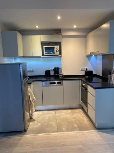 une cuisine avec des appareils en acier inoxydable et un micro-ondes dans l'établissement Appartement T3 classé 3 étoiles, à Bayonne