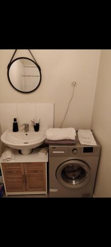 une salle de bain avec une machine à laver et un lavabo dans l'établissement Central parisian loft 70m2, à Paris