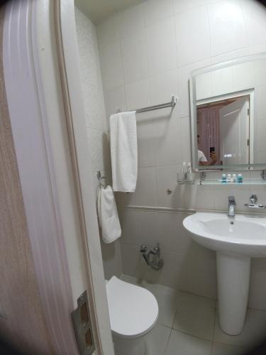 a bathroom with a sink and a toilet and a mirror at MIMFRI guest house,hotel in Tashkent