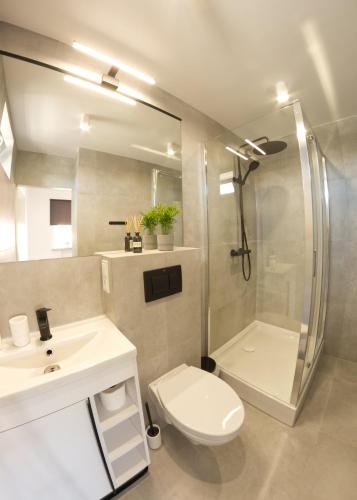 a bathroom with a toilet and a sink and a shower at Marynarska 57 in Darlowko