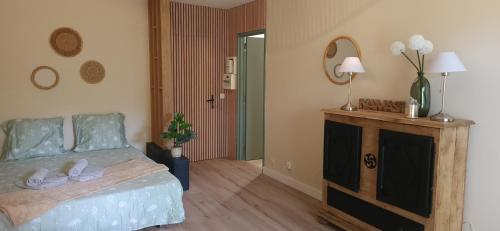 - une chambre avec un lit, un miroir et une commode dans l'établissement Studio boulouris cosy proche plage, à Saint-Raphaël