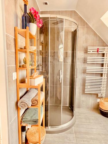 La salle de bains est pourvue d'une douche et d'une étagère avec des serviettes. dans l'établissement Maison Calme et Confort avec Jardin, Face Parc Exposition - Aéroport du Bourget, à 10 min de CDG, au Blanc-Mesnil