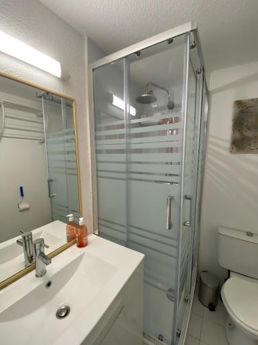une salle de bain avec douche et lavabo dans l'établissement Maison de vacances parking wifi résidence calme Cap d Agde, au Cap d'Agde