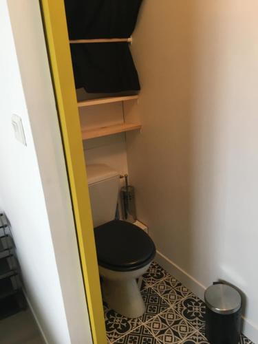 une salle de bain avec toilettes dans une petite pièce dans l'établissement Appartement coup de cœur, à Saint-Michel-Chef-Chef