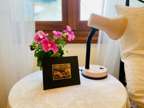 a table with a picture and a lamp and flowers at Wake-up-by-the-sea! in Nydri