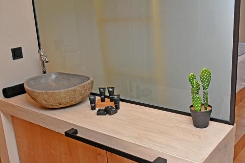 a bathroom with a stone sink and a cactus at Opuntia Boutique Hotel in Kalívia