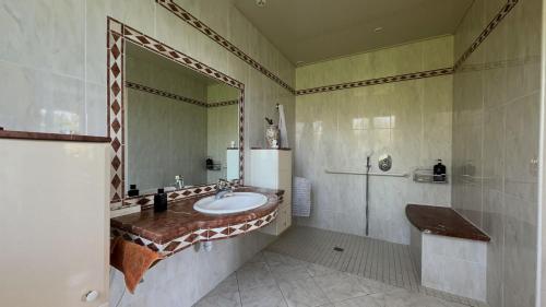 une salle de bain avec un lavabo et un miroir dans l'établissement Villa tout confort proche du port, à Gujan-Mestras