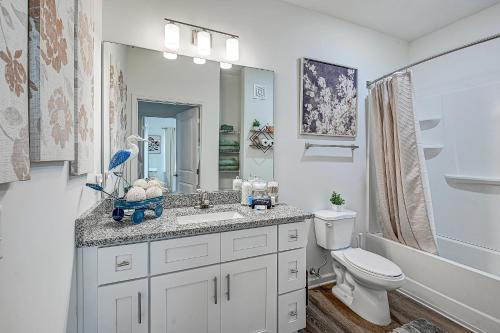 a bathroom with a sink and a toilet and a mirror at Boho Bliss w Salt Pool Nr Fern Beach, ARPT, DTWN in Yulee