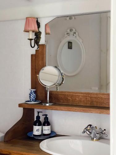 a bathroom with a sink and a mirror on a shelf at Hotel Onni in Porvoo