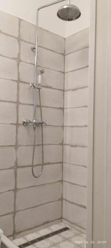 a shower with a hose in a bathroom at Diána Apartmanház in Keszthely