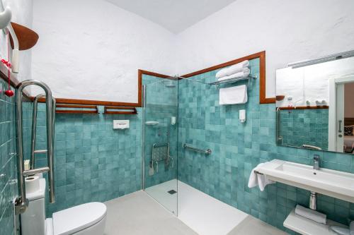 a bathroom with a shower and a toilet and a sink at Hotel Bodega EL GRIFO in San Bartolomé