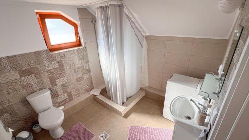 a bathroom with a toilet and a sink and a window at Casa Ferenczi Vendégház in Sovata