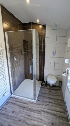 une salle de bain avec douche et toilettes dans l'établissement Les loges de Véro DUPLEX , appartement NEUF classé 3 étoiles - Garage vélo et moto - Parking Privé - 1 chambre et un canapé convertible - Géré par PrestaZen'Services, à Thierville-sur-Meuse