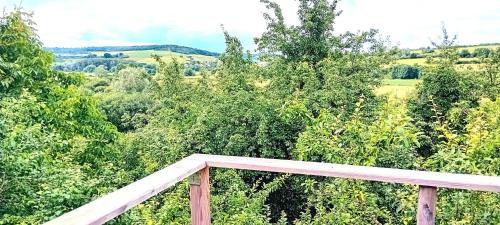 a wooden deck with trees in the background at Le Ratbotté in Velosnes