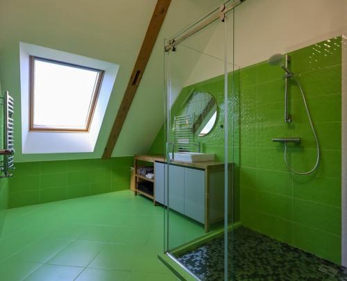 a green bathroom with a shower and a window at Aizpuri Park View in Nīca