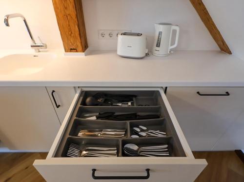 a drawer in a kitchen with a sink at Aizpuri Park View in Nīca