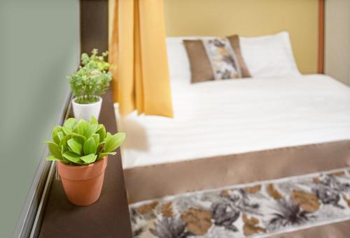 a bedroom with a bed and two potted plants on a table at 鹿の宿 in Osaka