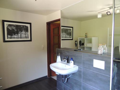 Ferienhaus Weinberg في فيرنيغيروده: حمام مزود بحوض ومِرآة