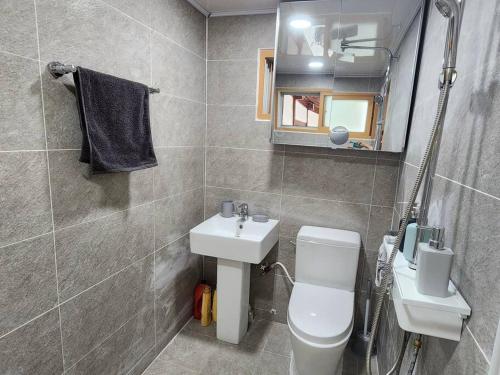une salle de bains avec lavabo, toilettes et miroir dans l'établissement stc 1, à Séoul