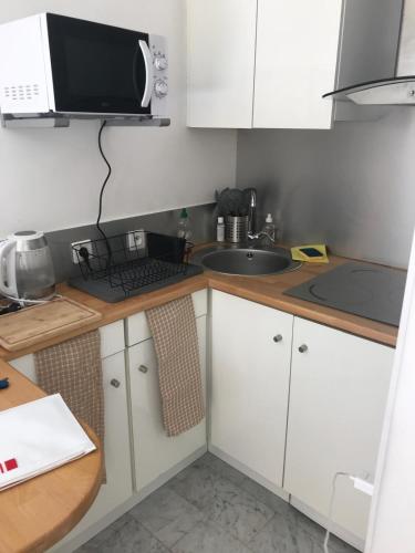 une petite cuisine avec un évier et un micro-ondes dans l'établissement Charmant Studio proche du Centre-Ville, à Nice