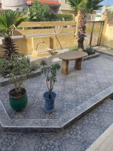 a patio with potted plants and a bench and stairs at Villa vue mere 3 chambre et 2 salon salle de fetes in Kenitra