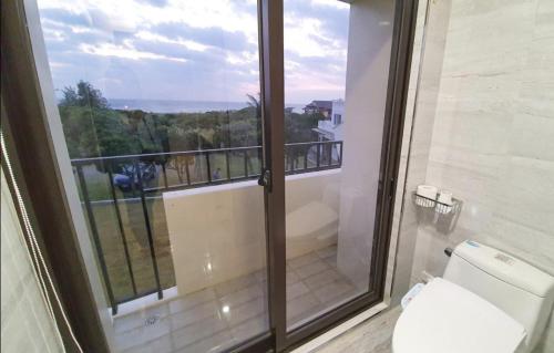 a bathroom with a balcony with a toilet and a window at Wangan 175 B&B in Shui-wa-chüeh