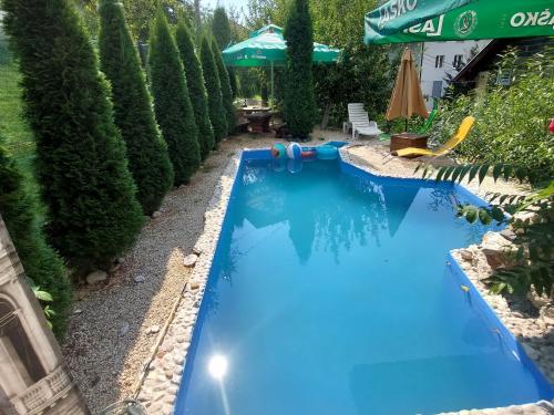a blue swimming pool in a yard with trees at Apartments Daut's Tower in Sarajevo
