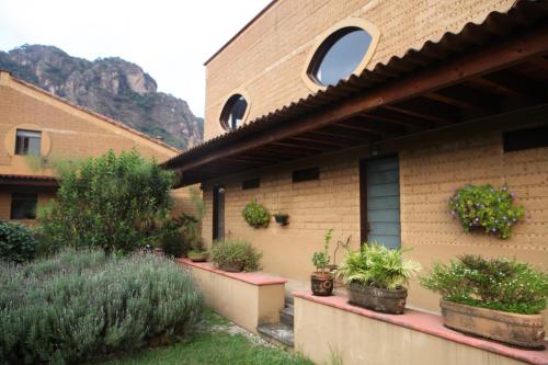 a building with potted plants on the side of it at Madre Tierra B&B in Tepoztlán