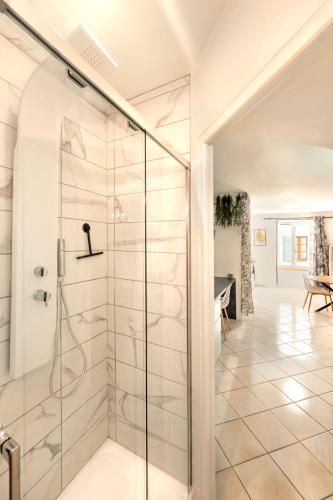une douche dans une salle de bain avec une porte vitrée dans l'établissement Urban Jungle PARKING & Netflix Centre historique, à Manosque