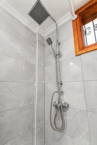 a shower with a shower head in a bathroom at Katerina's Garden Mola Kaliva in Mola Kalyva
