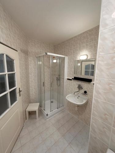 a bathroom with a shower and a sink at Apartmán Chlupáč in Harrachov