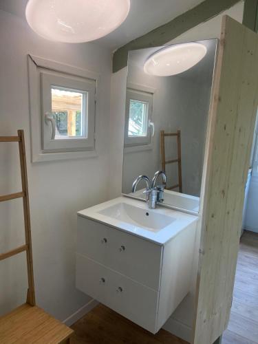 une salle de bain avec un lavabo et un miroir dans l'établissement Cottage Bohème - Voyageur Solo - Jardin Partagé, à Perros-Guirec
